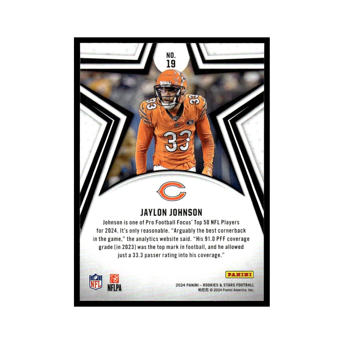 Jaylon Johnson 2024 Panini Rookies Stars #19 Chicago Bears Football Card NM
