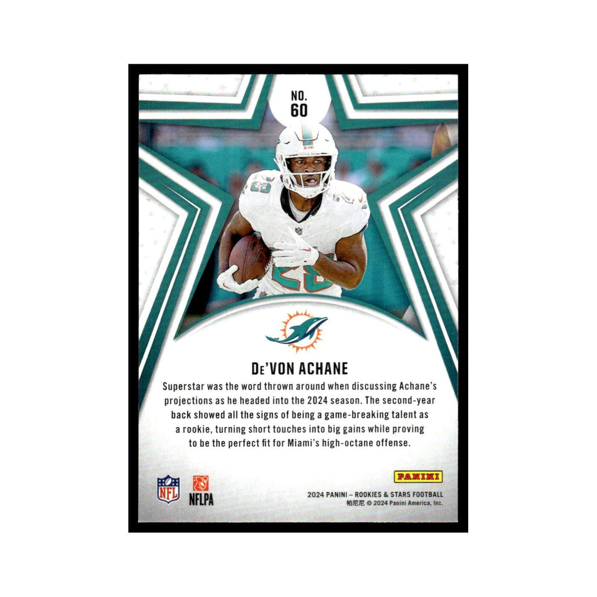De'Von Achane 2024 Panini Rookies Stars #60 Miami Dolphins Football Card NM