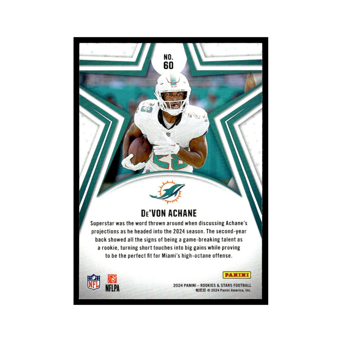 De'Von Achane 2024 Panini Rookies Stars #60 Miami Dolphins Football Card NM