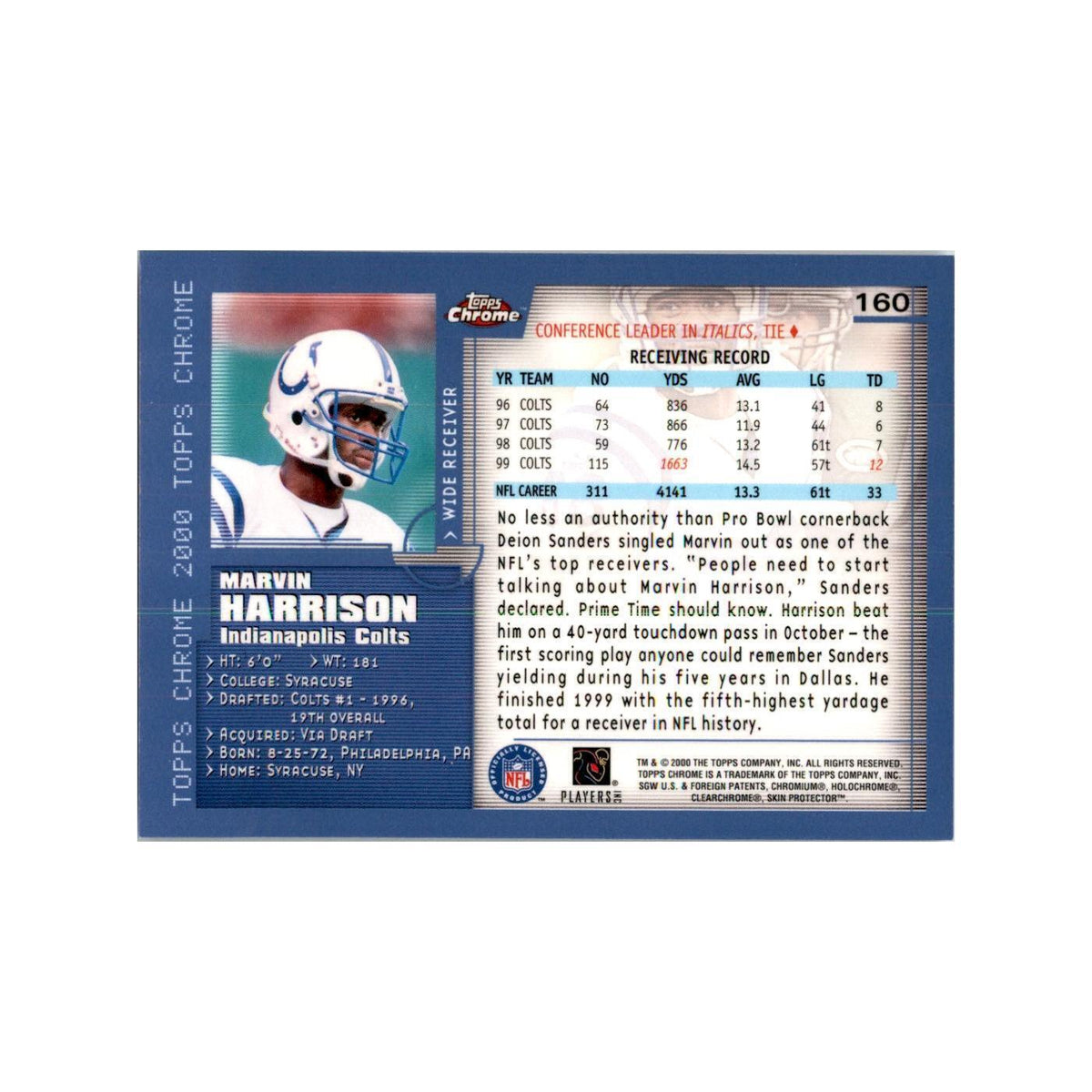 Marvin Harrison 2000 Topps Chrome #160 Football Cards Football Card NM