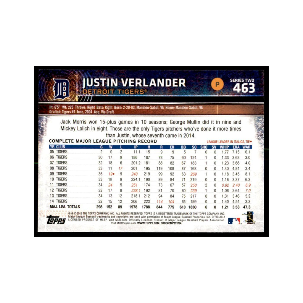 Justin Verlander 2015 Topps #463 Baseball Cards Baseball Card NM