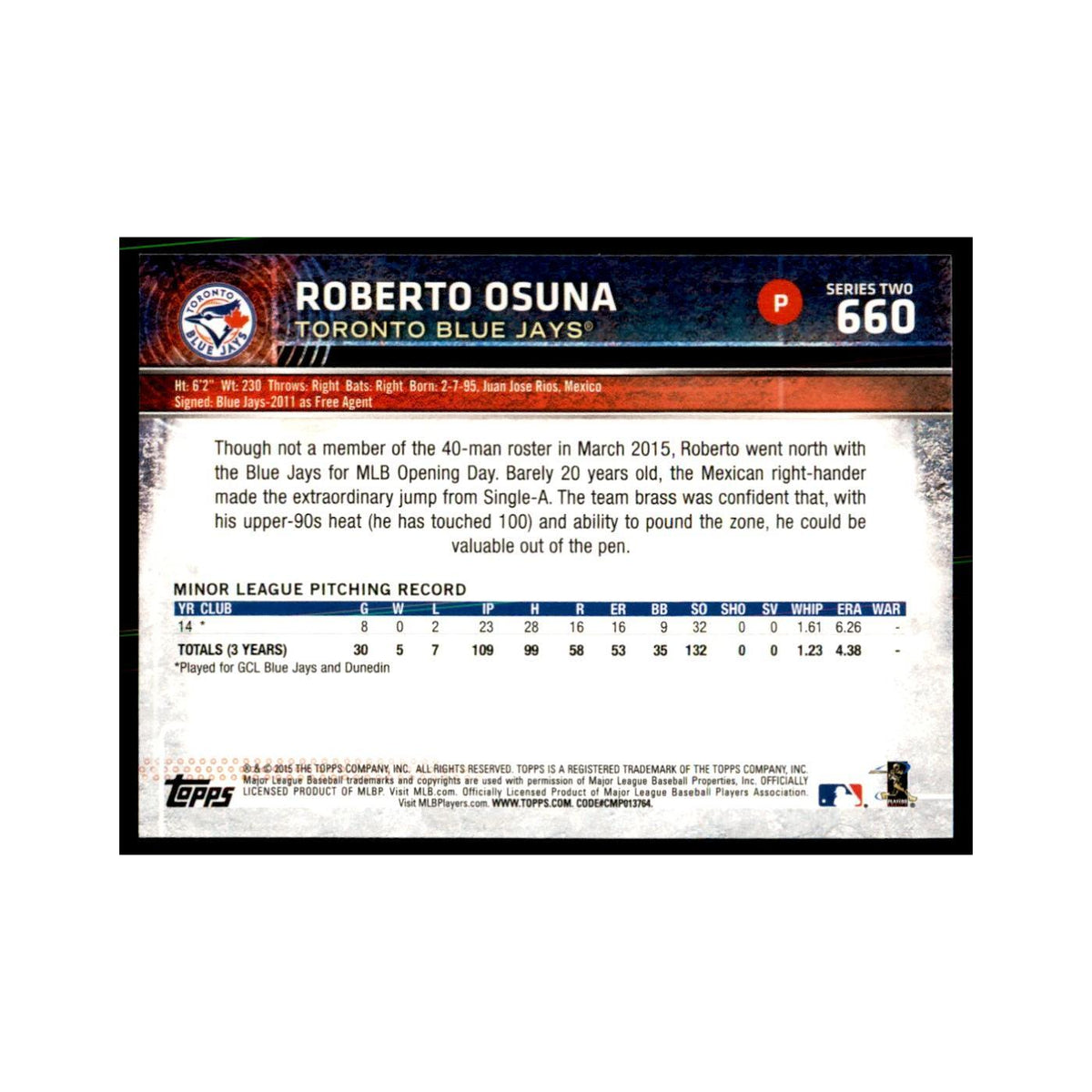 Roberto Osuna Rookie 2015 Topps #660 Baseball Cards Baseball Card NM