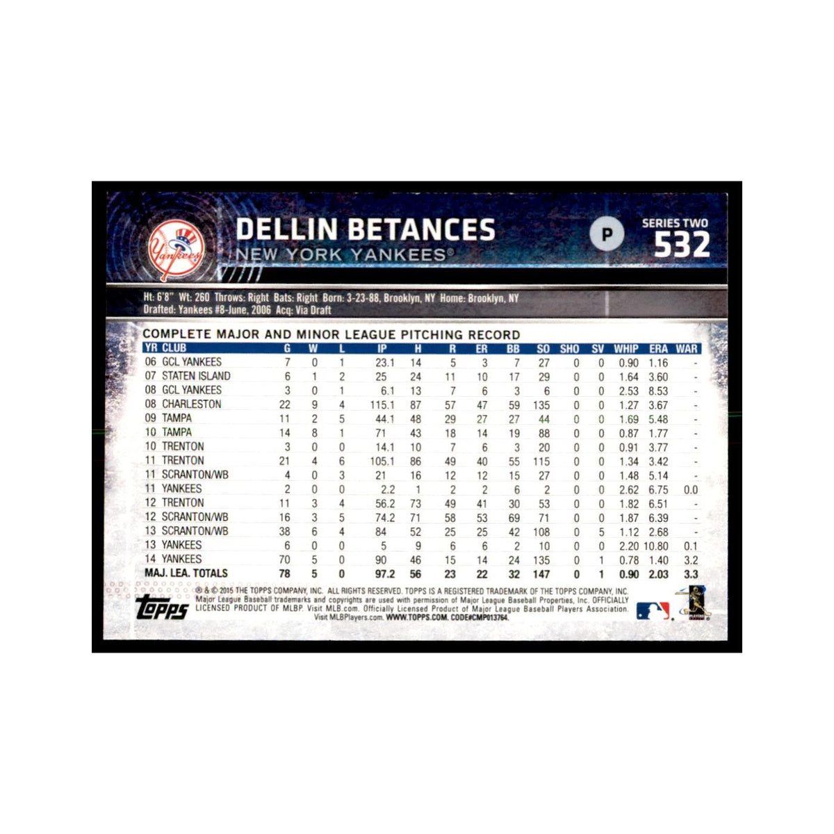 Dellin Betances 2015 Topps #532 Baseball Cards Baseball Card NM