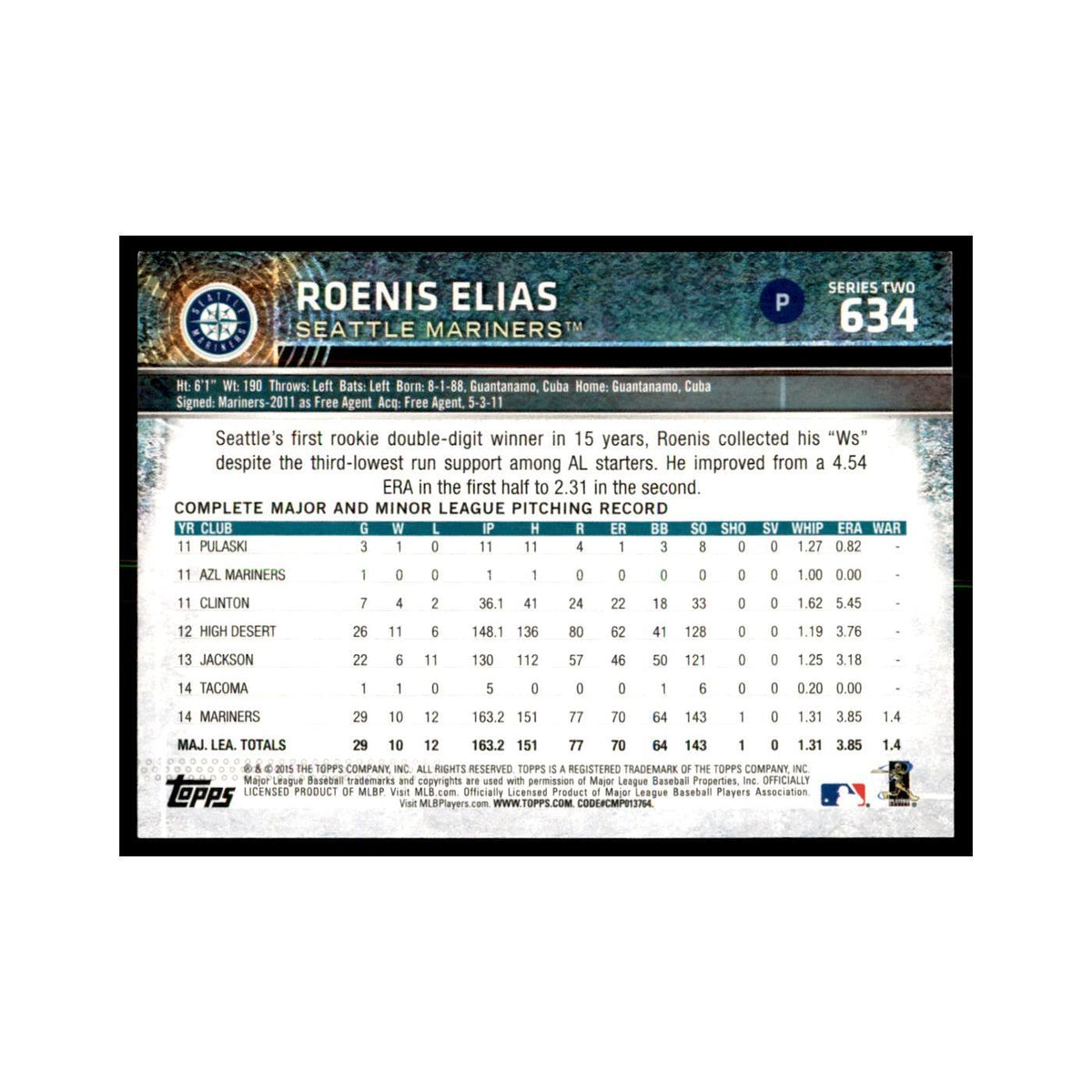 Roenis Elias 2015 Topps #634 Baseball Cards Baseball Card NM