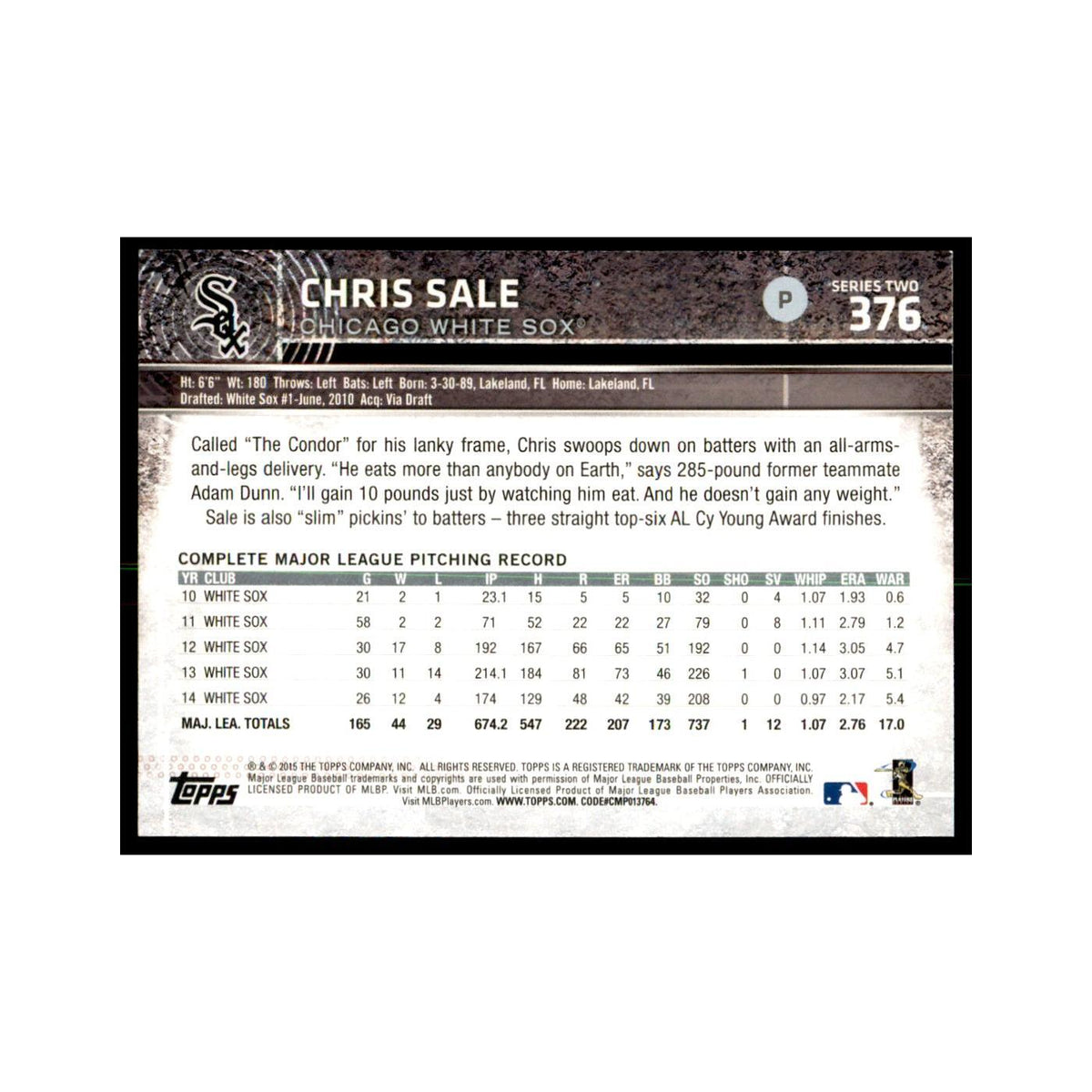 Chris Sale 2015 Topps #376 Baseball Cards Baseball Card NM