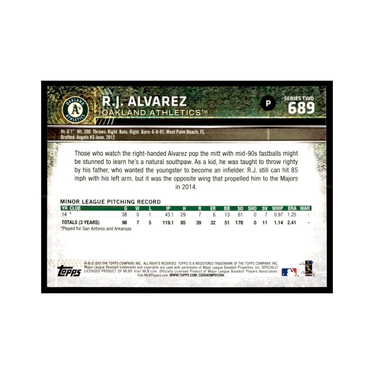 R.J. Alvarez Rookie 2015 Topps #689 Baseball Cards Baseball Card NM