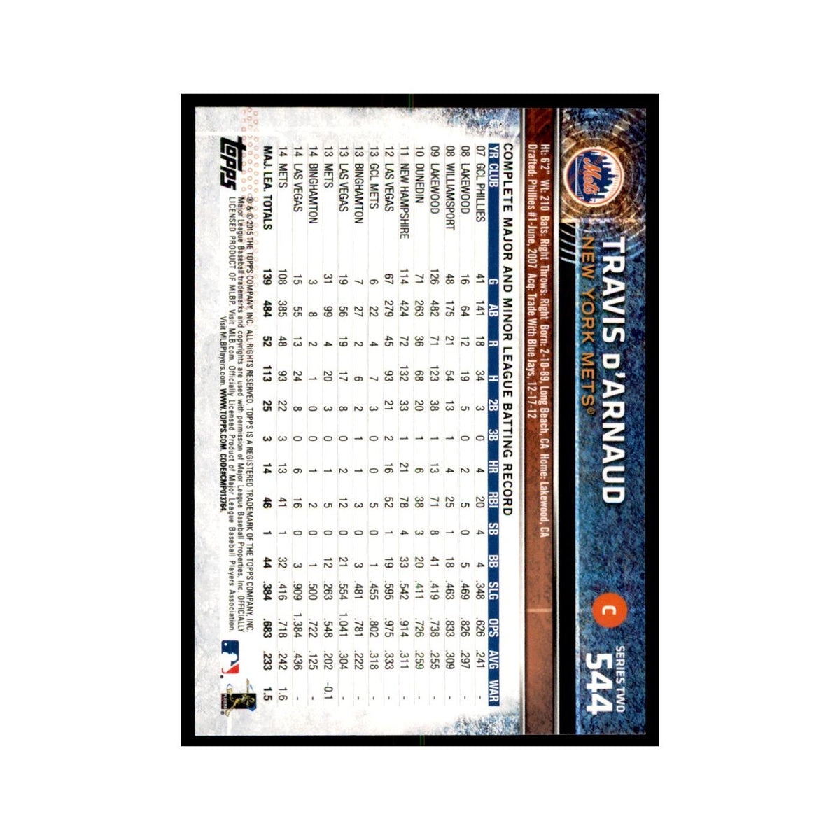 Travis d'Arnaud 2015 Topps #544 Baseball Cards Baseball Card NM