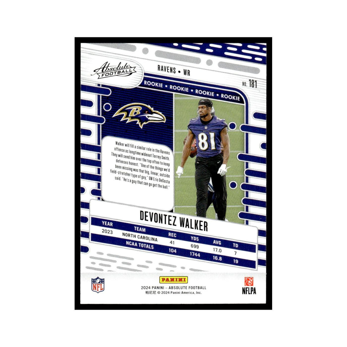 Devontez Walker Rookie 2024 Panini Absolute #181 Baltimore Ravens NM