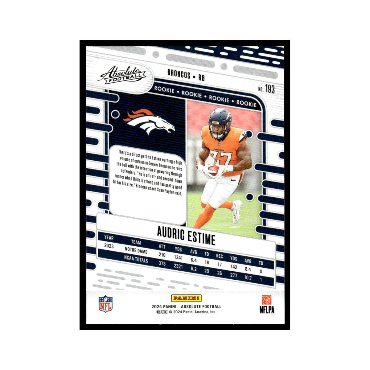 Audric Estime Rookie 2024 Panini Absolute #193 Denver Broncos Football Card NM
