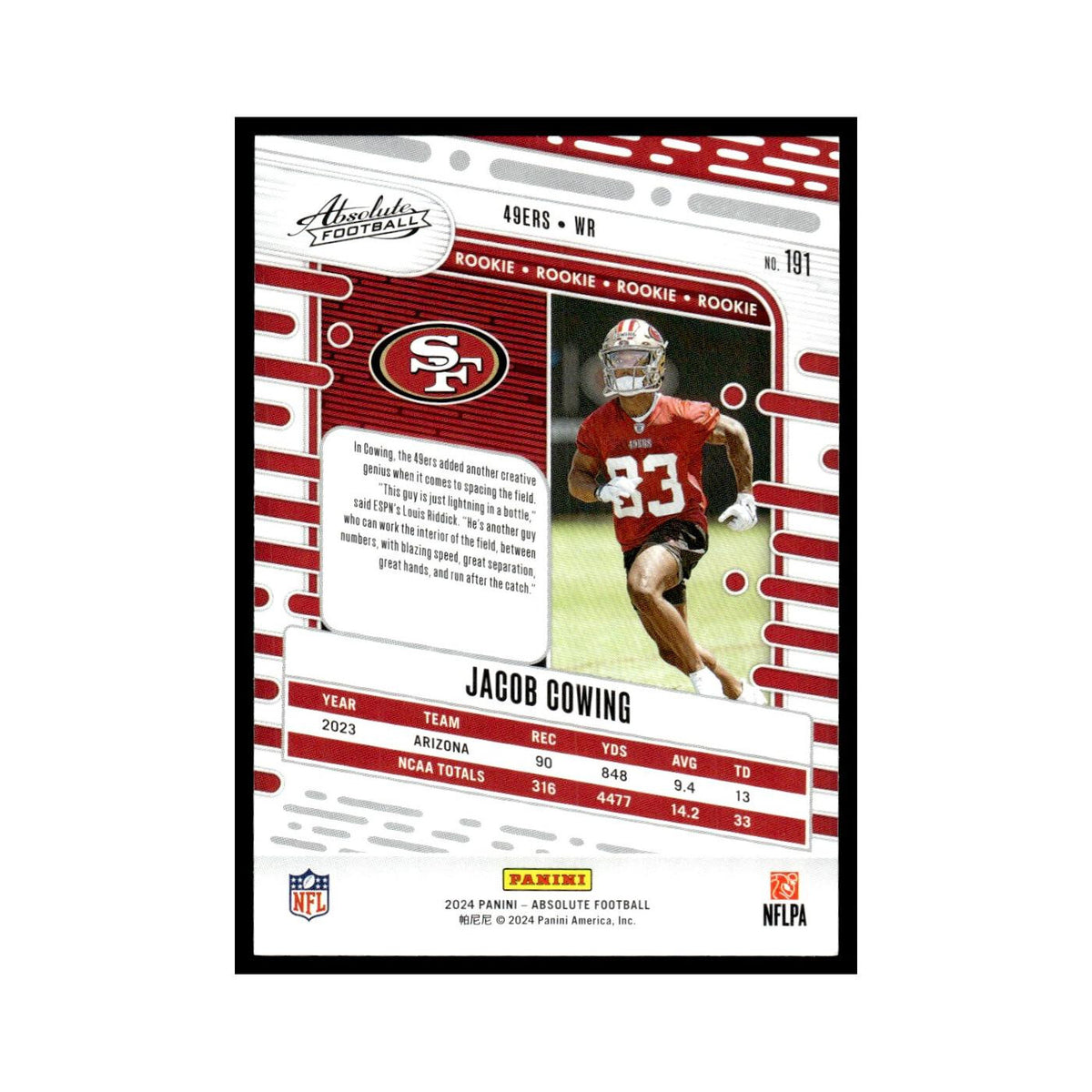 Jacob Cowing Rookie 2024 Panini Absolute #191 San Francisco 49ers NM
