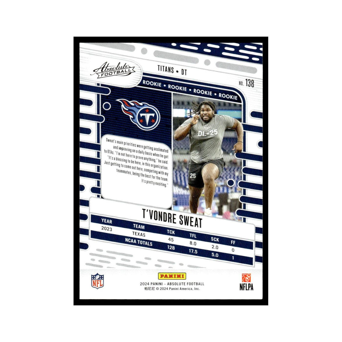 T'Vondre Sweat Rookie 2024 Panini Absolute #138 Tennessee Titans NM