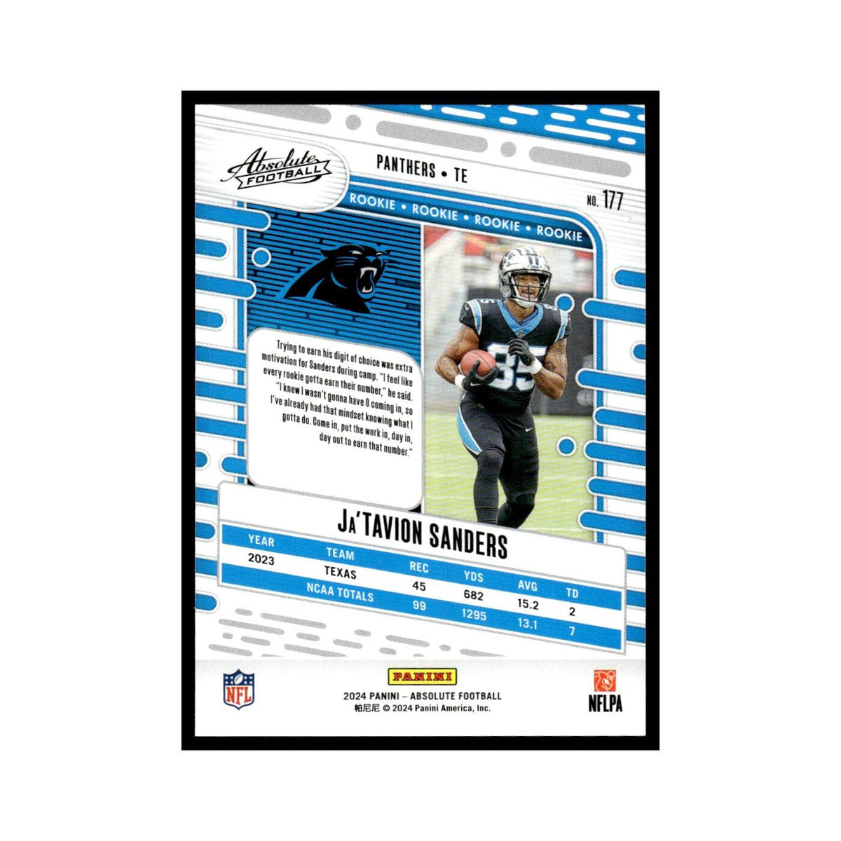 Ja'Tavion Sanders Rookie 2024 Panini Absolute #177 Carolina Panthers NM