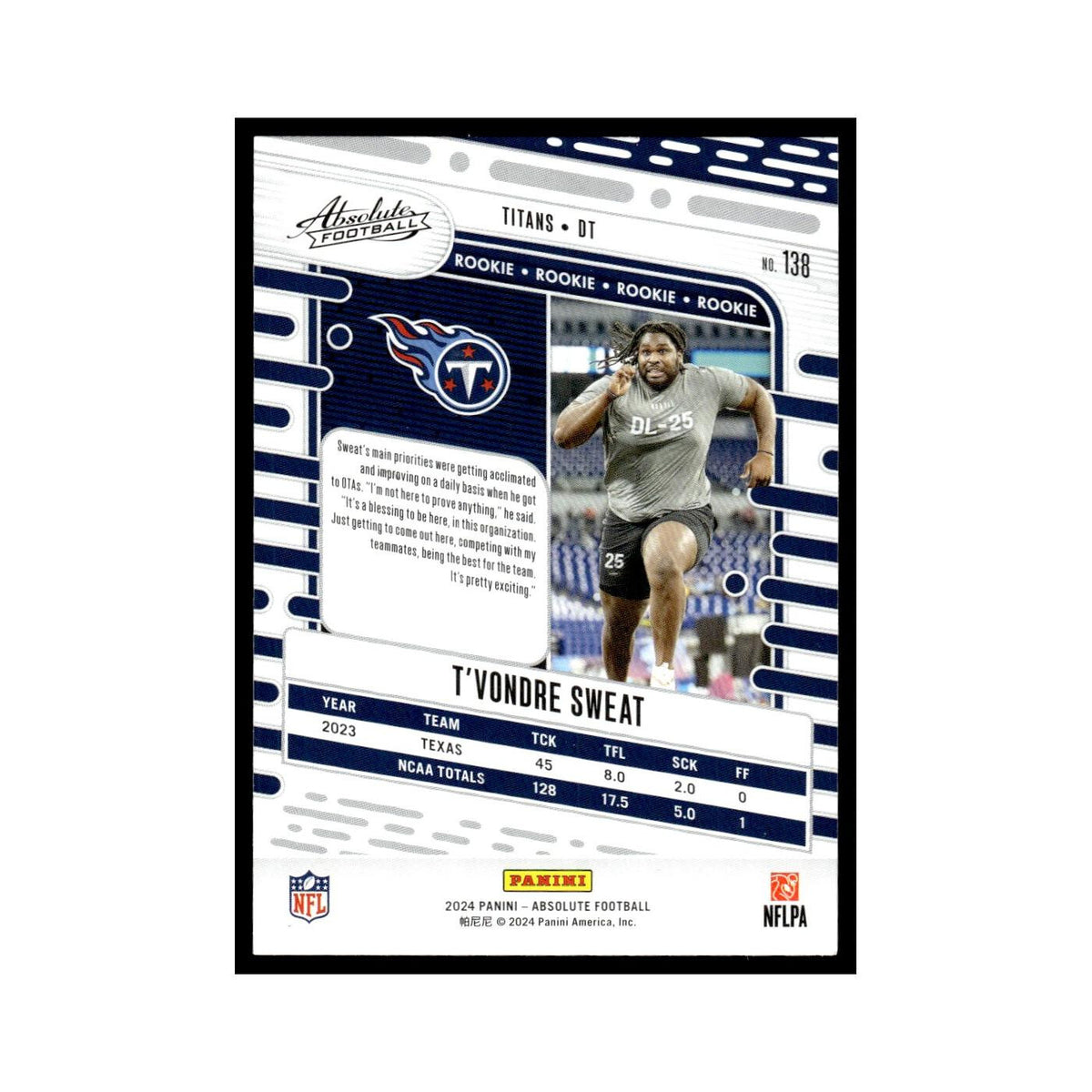 T'Vondre Sweat Rookie 2024 Panini Absolute #138 Tennessee Titans NM
