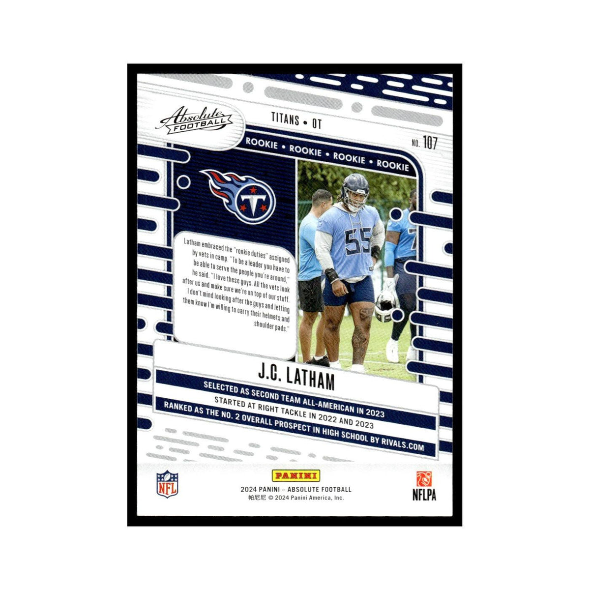 J.C. Latham Rookie 2024 Panini Absolute #107 Tennessee Titans Football Card NM