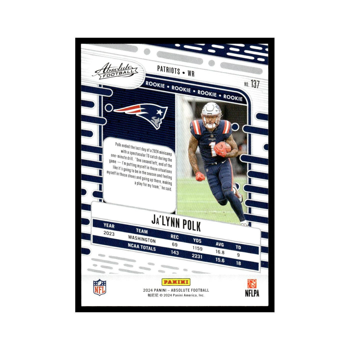 Ja'Lynn Polk Rookie 2024 Panini Absolute #137 New England Patriots NM