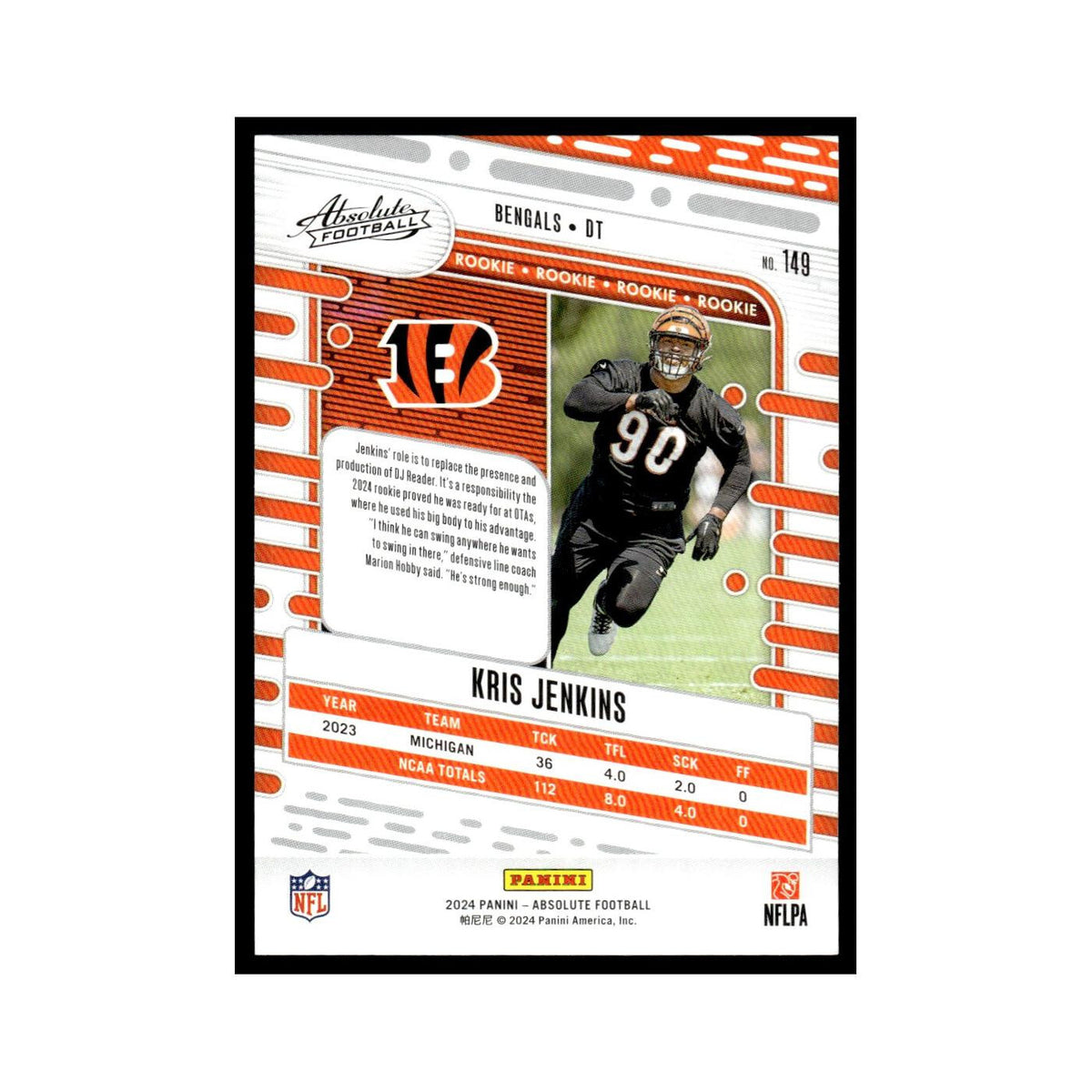 Kris Jenkins Rookie 2024 Panini Absolute #149 Cincinnati Bengals NM