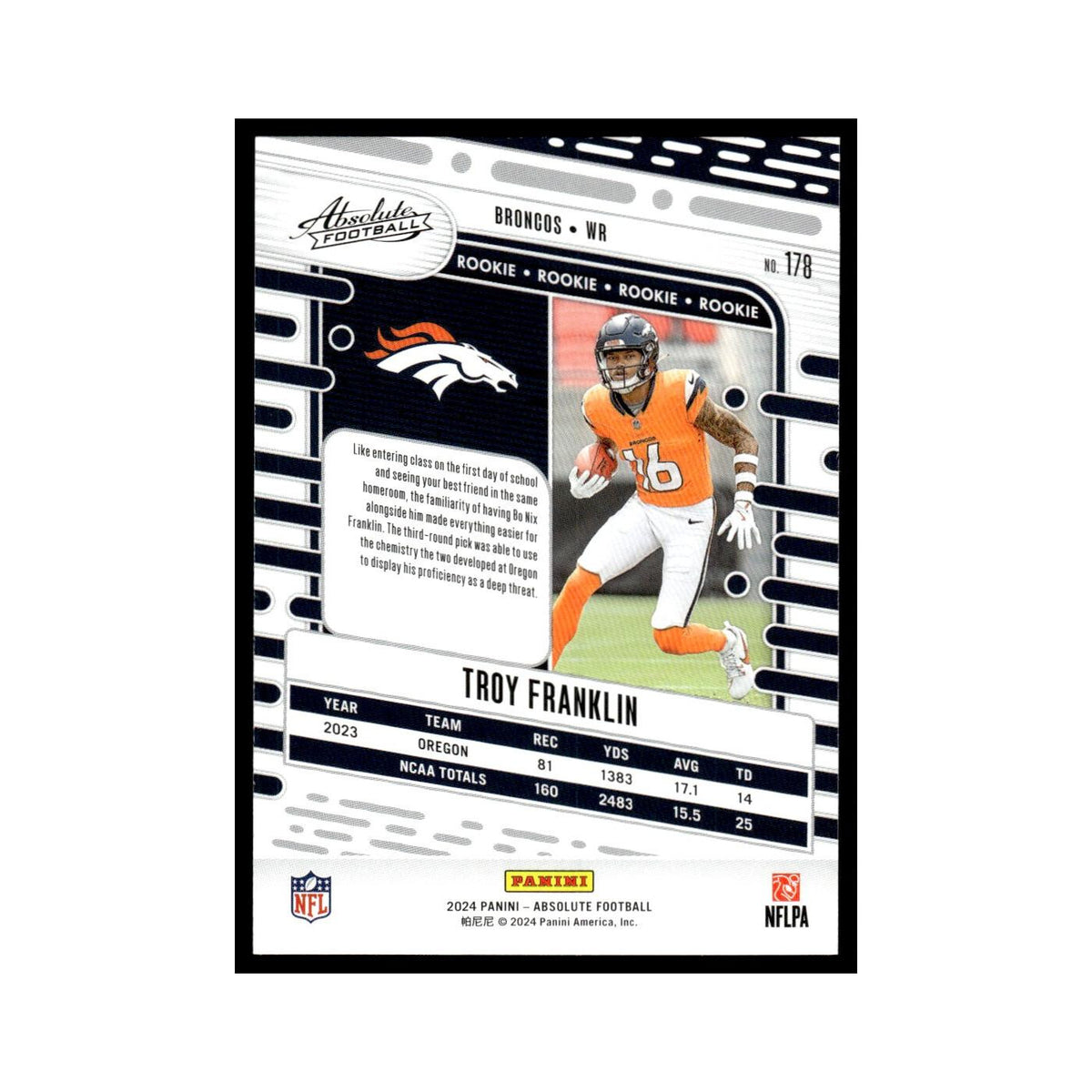 Troy Franklin Rookie 2024 Panini Absolute #178 Denver Broncos Football Card NM