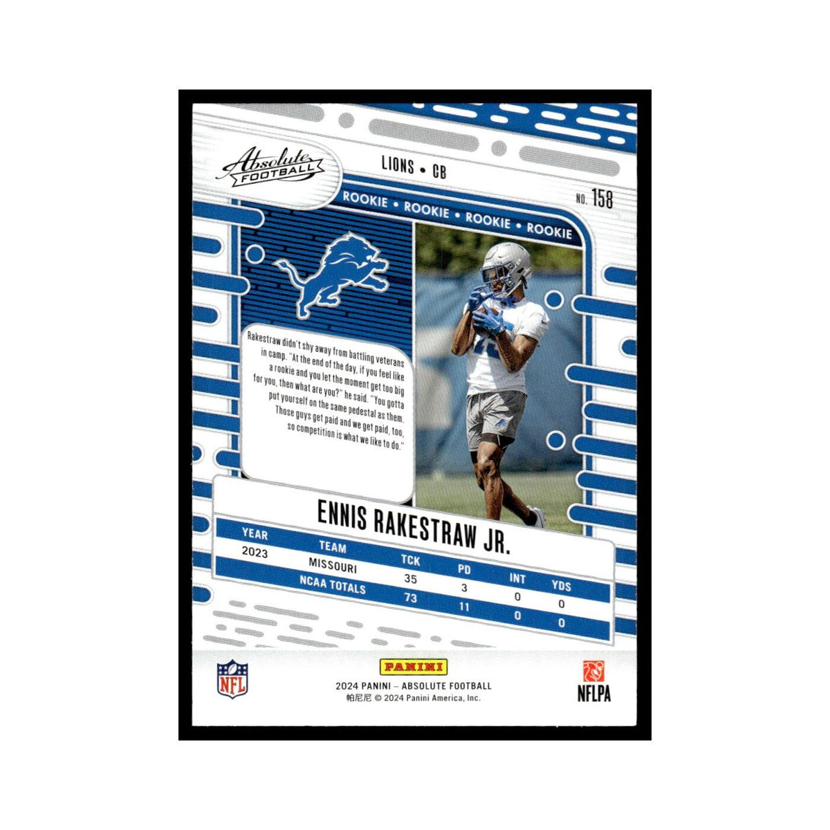 Ennis Rakestraw Rookie 2024 Panini Absolute #158 Detroit Lions Football Card NM