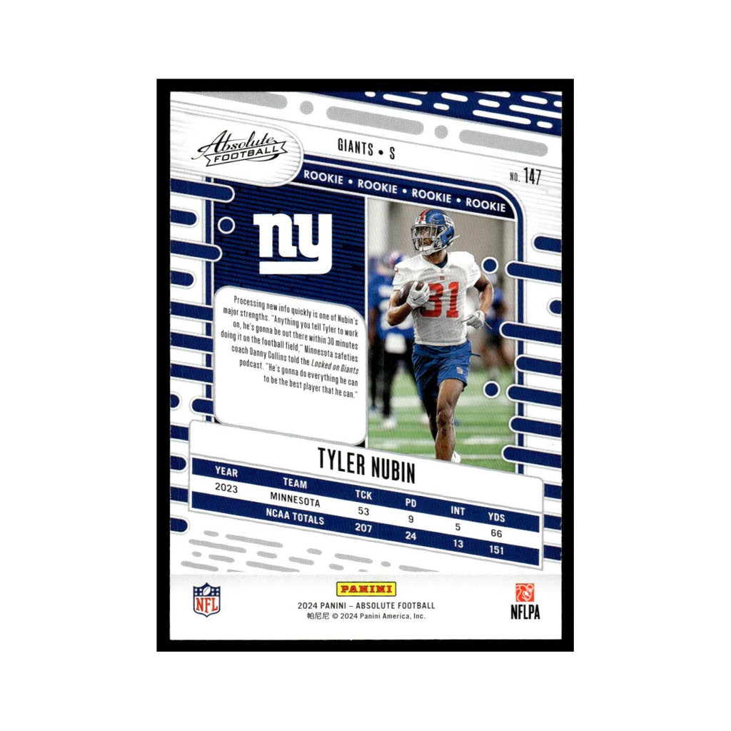Tyler Nubin Rookie 2024 Panini Absolute #147 New York Giants Football Card NM