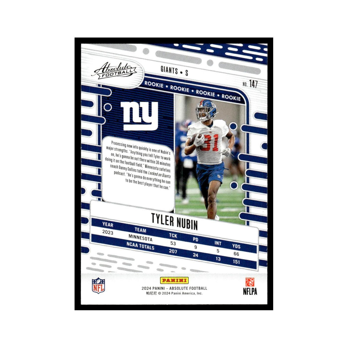 Tyler Nubin Rookie 2024 Panini Absolute #147 New York Giants Football Card NM