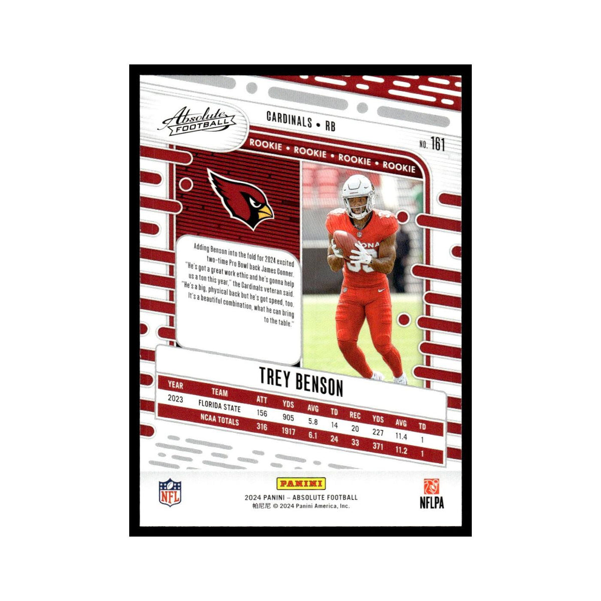 Trey Benson Rookie 2024 Panini Absolute #161 Arizona Cardinals Football Card NM