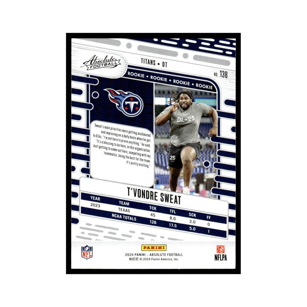 T'Vondre Sweat Rookie 2024 Panini Absolute #138 Tennessee Titans NM