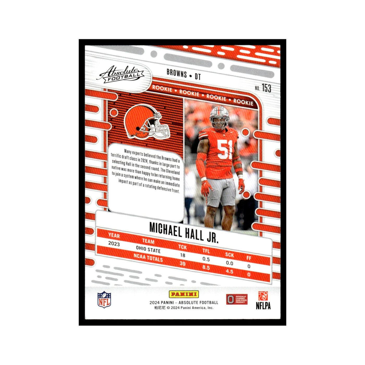 Michael Hall Jr. Rookie 2024 Panini Absolute #153 Cleveland Browns NM