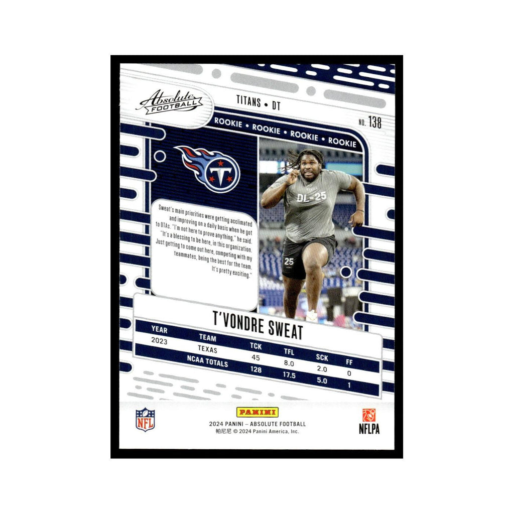 T'Vondre Sweat Rookie 2024 Panini Absolute #138 Tennessee Titans NM