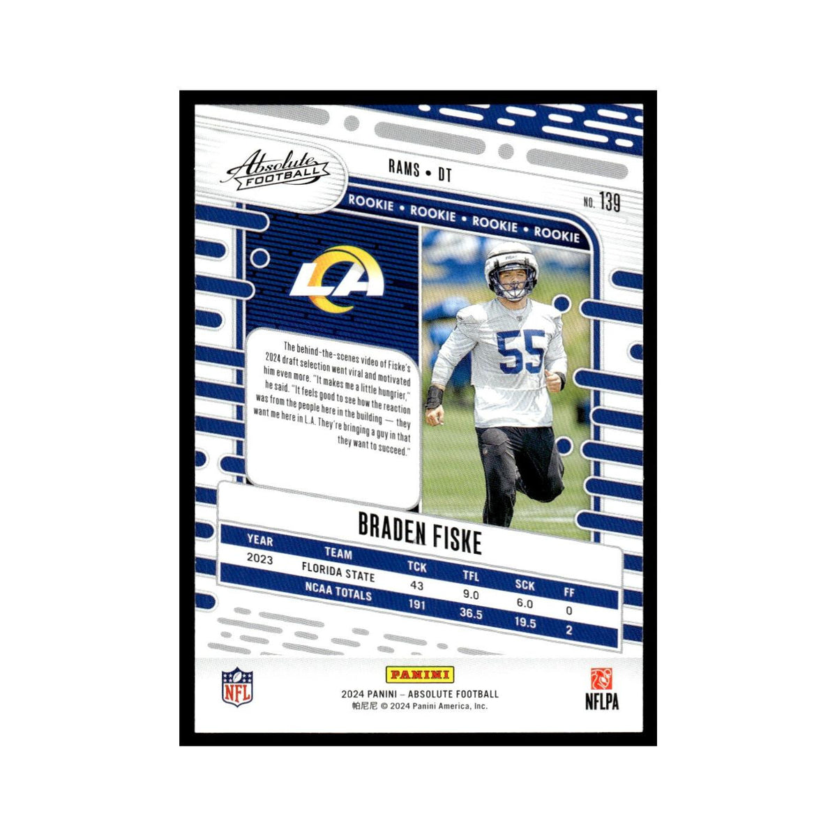 Braden Fiske Rookie 2024 Panini Absolute #139 Los Angeles Rams Football Card NM