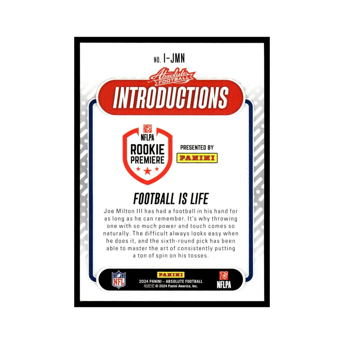 Joe Milton Rookie 2024 Panini Absolute #I-JMN Football Card NM