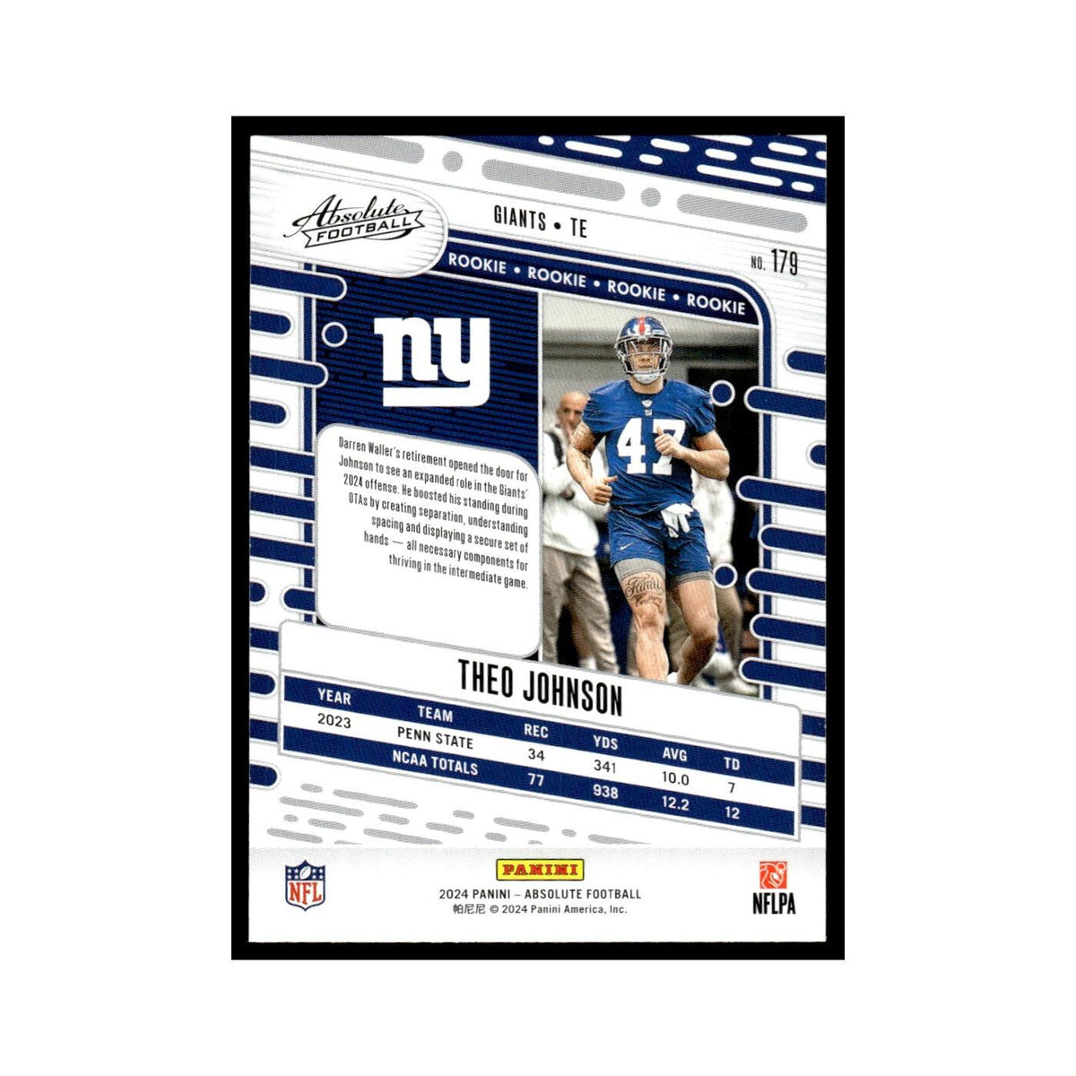 Theo Johnson Rookie 2024 Panini Absolute #179 New York Giants Football Card NM