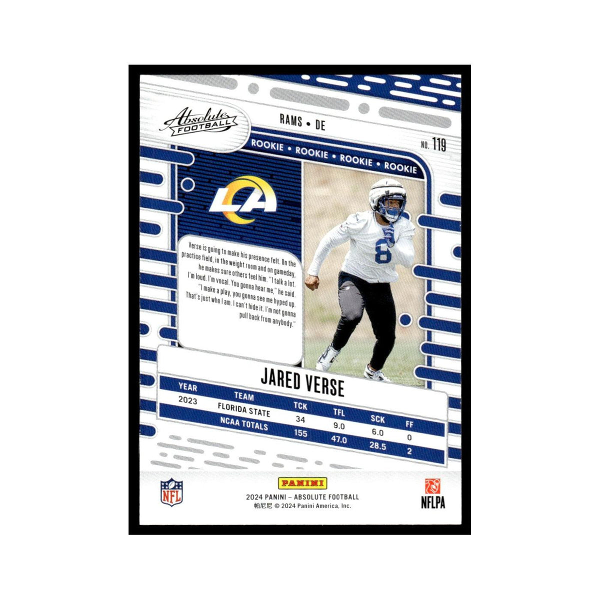 Jared Verse Rookie 2024 Panini Absolute #119 Los Angeles Rams Football Card NM