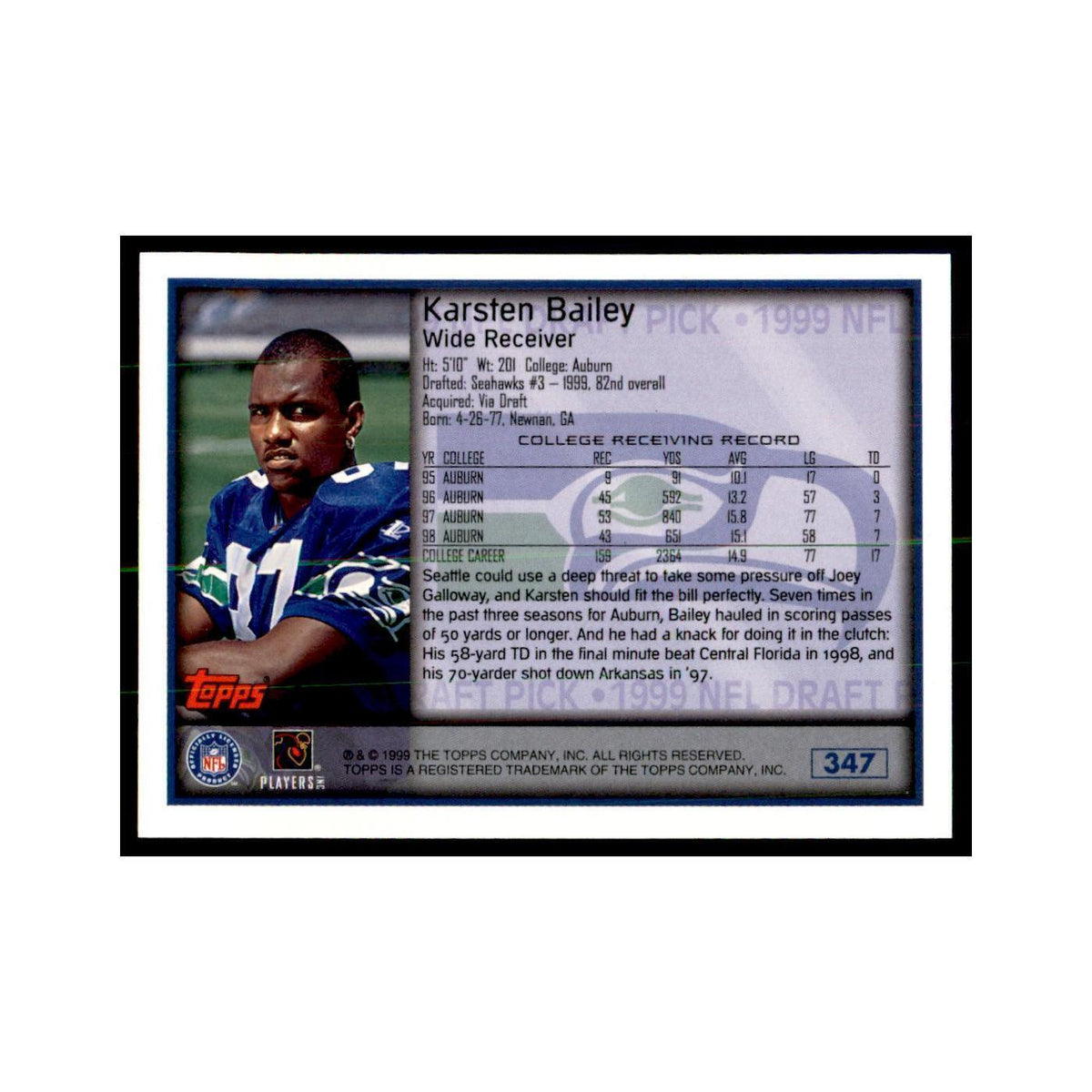 Karsten Bailey 1999 Topps #347 Football Cards Football Card NM