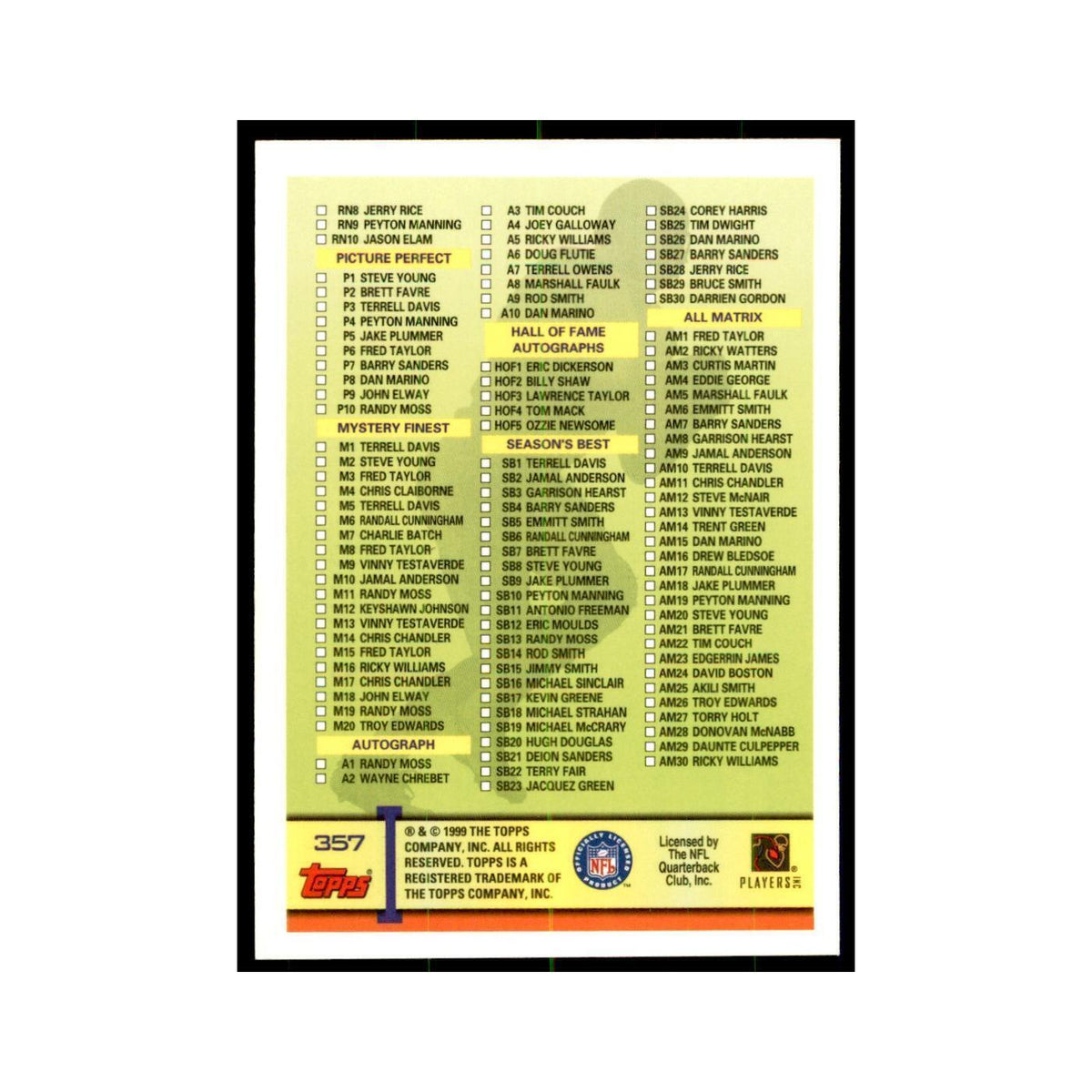 Checklist 1999 Topps #357 Football Cards Football Card NM