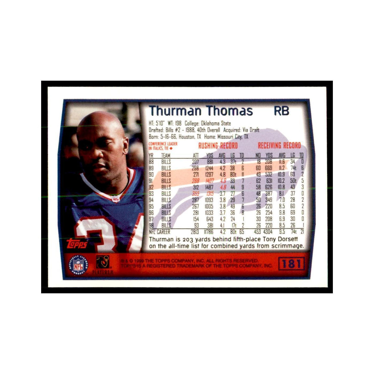 Thurman Thomas 1999 Topps #181 Football Cards Football Card NM