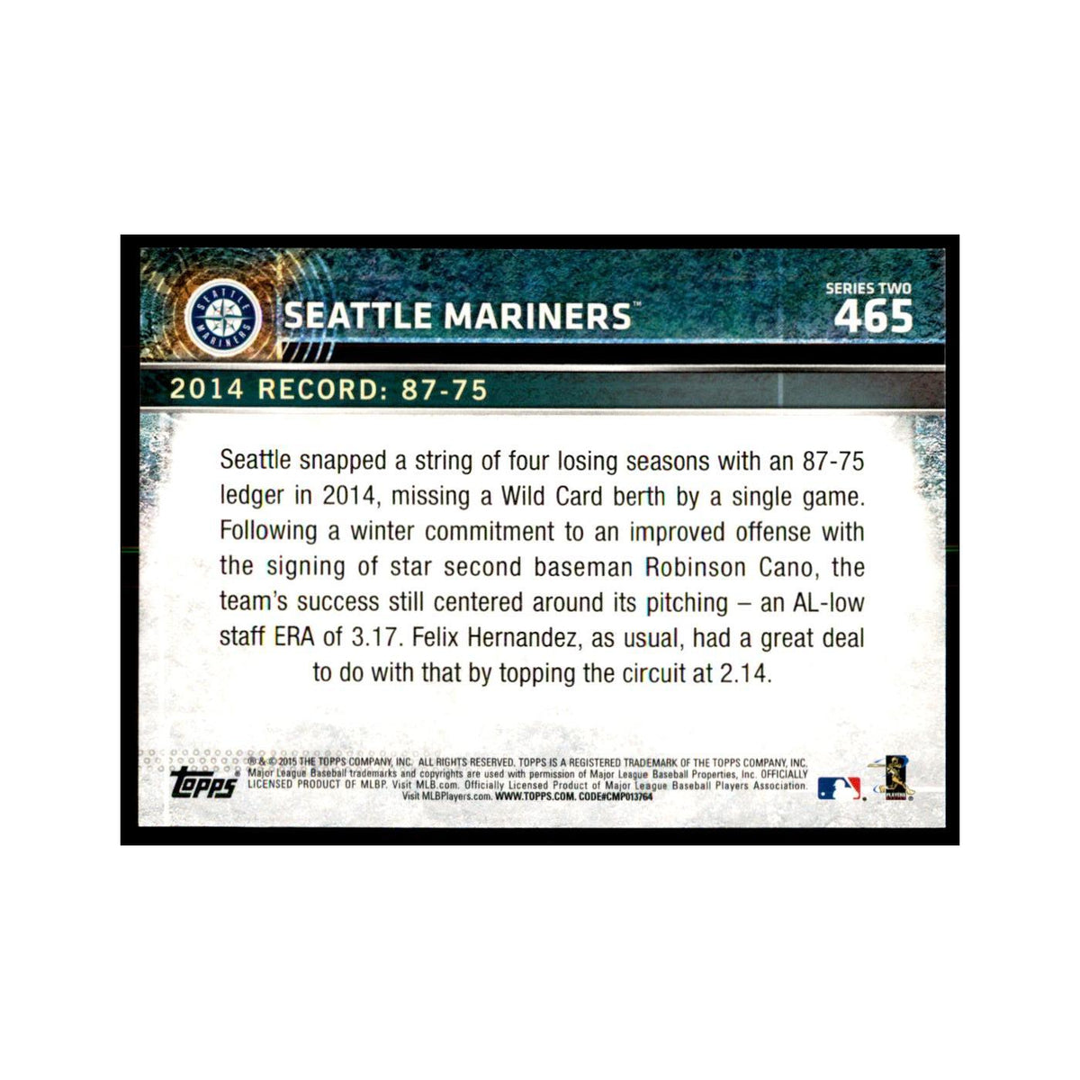 Seattle Mariners 2015 Topps #465 Baseball Cards Baseball Card NM