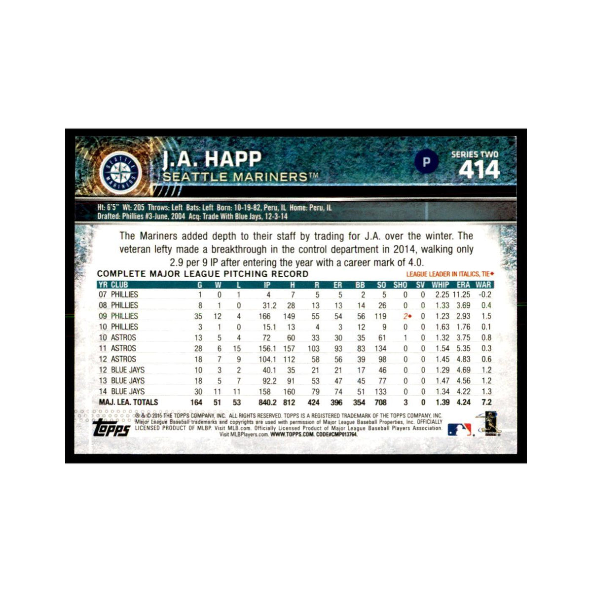 J.A. Happ 2015 Topps #414 Baseball Cards Baseball Card NM