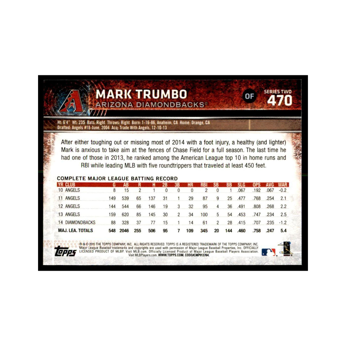 Mark Trumbo 2015 Topps #470 Baseball Cards Baseball Card NM