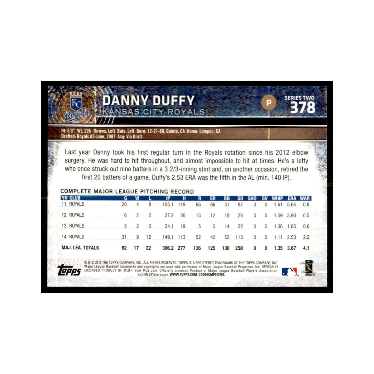 Danny Duffy 2015 Topps #378 Baseball Cards Baseball Card NM