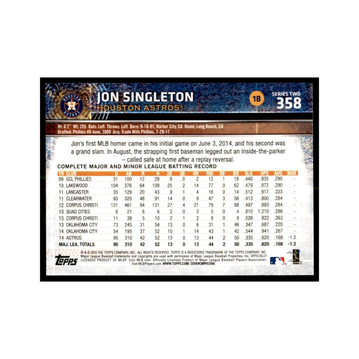 Jon Singleton 2015 Topps #358 Baseball Cards Baseball Card NM