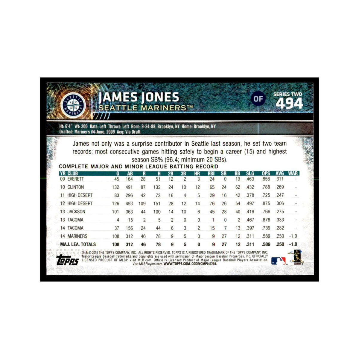 James Jones 2015 Topps #494 Baseball Cards Baseball Card NM