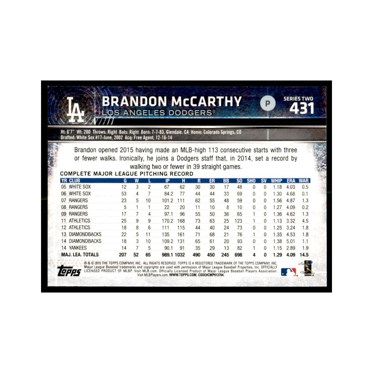 Brandon McCarthy 2015 Topps #431 Baseball Cards Baseball Card NM