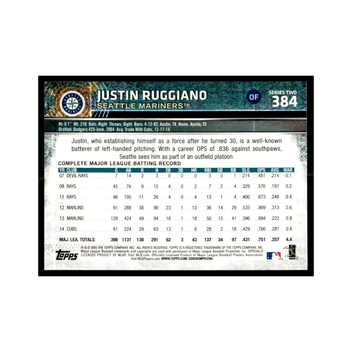 Justin Ruggiano 2015 Topps #384 Baseball Cards Baseball Card NM