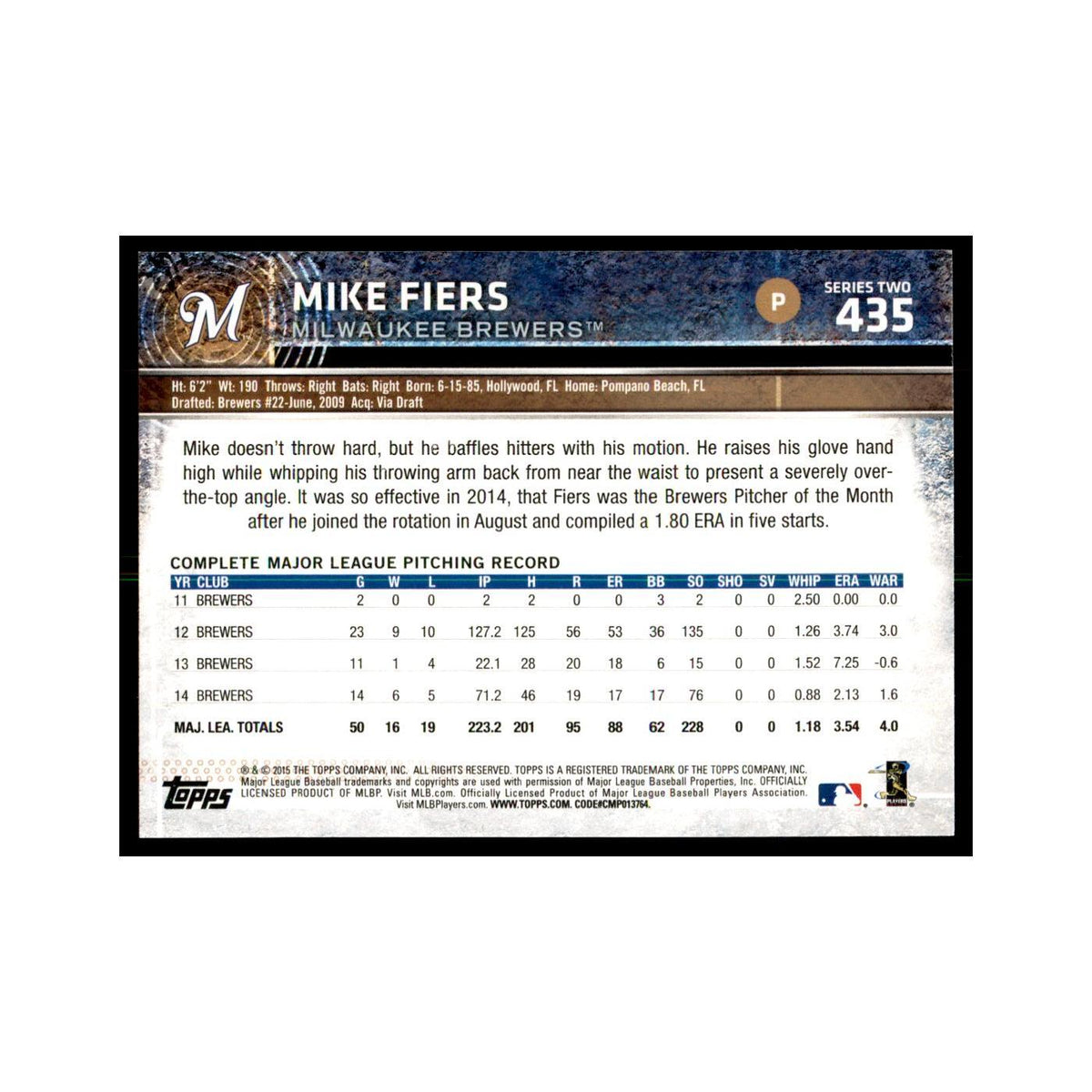 Mike Fiers 2015 Topps #435 Baseball Cards Baseball Card NM