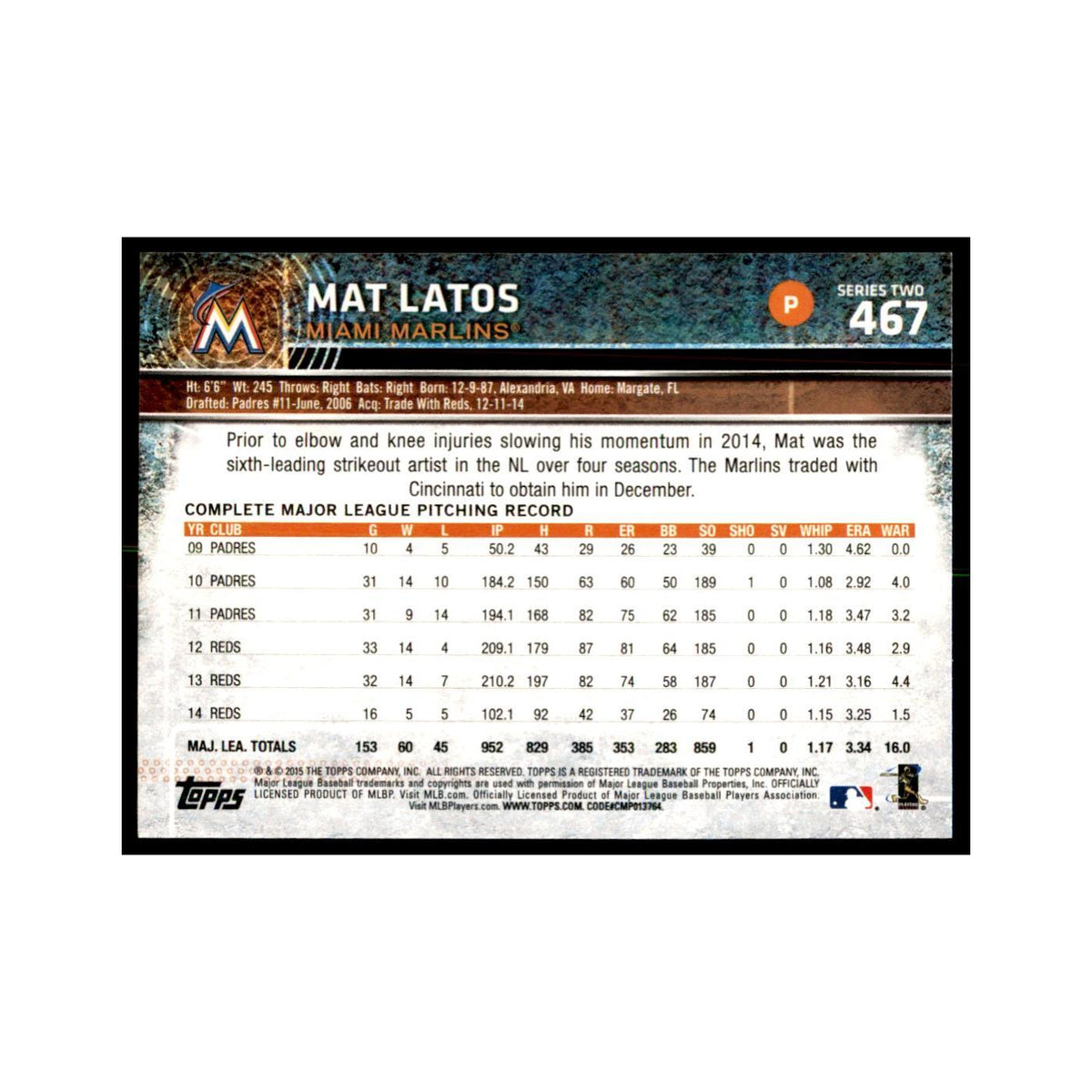 Mat Latos 2015 Topps #467 Baseball Cards Baseball Card NM
