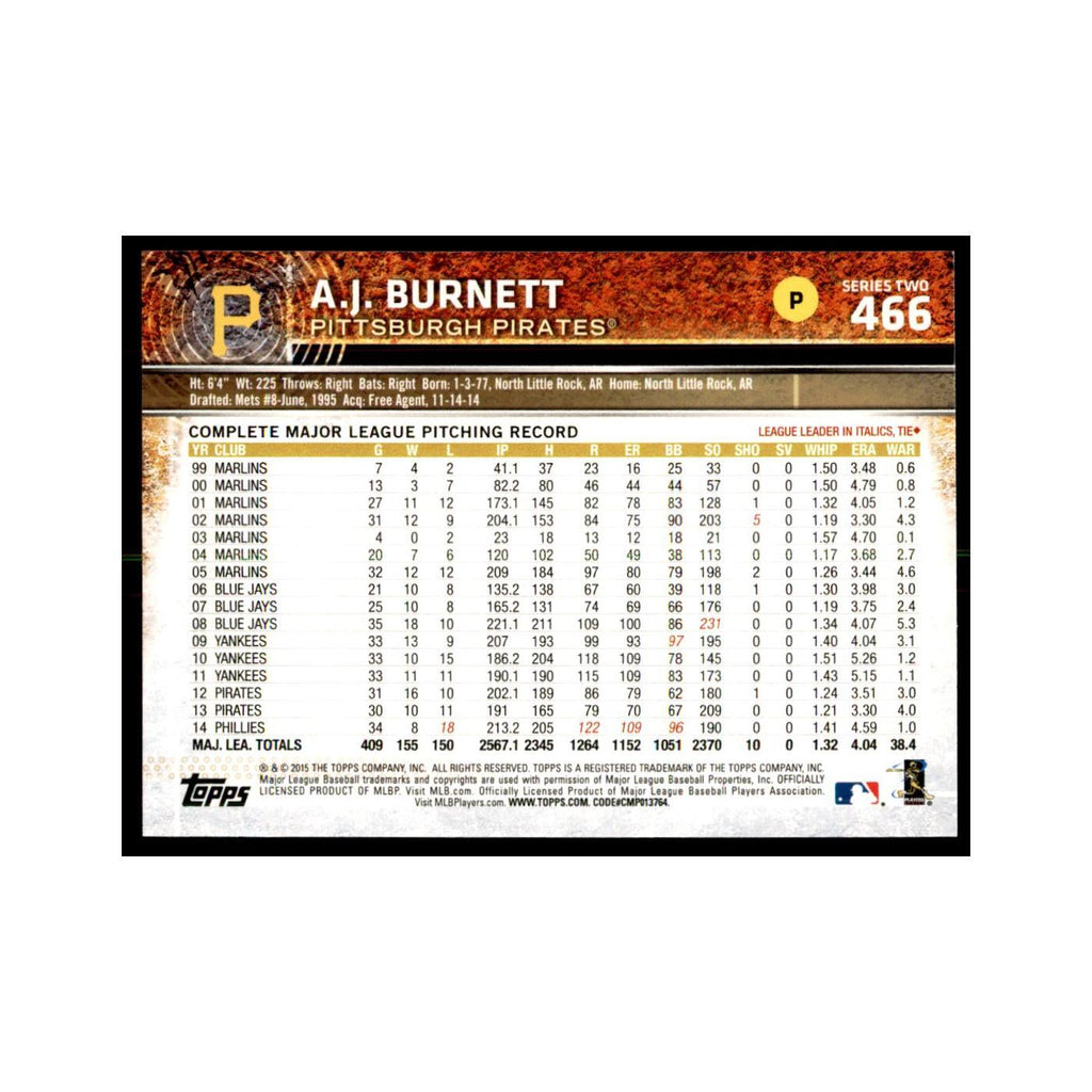 A.J. Burnett 2015 Topps #466 Baseball Cards Baseball Card NM