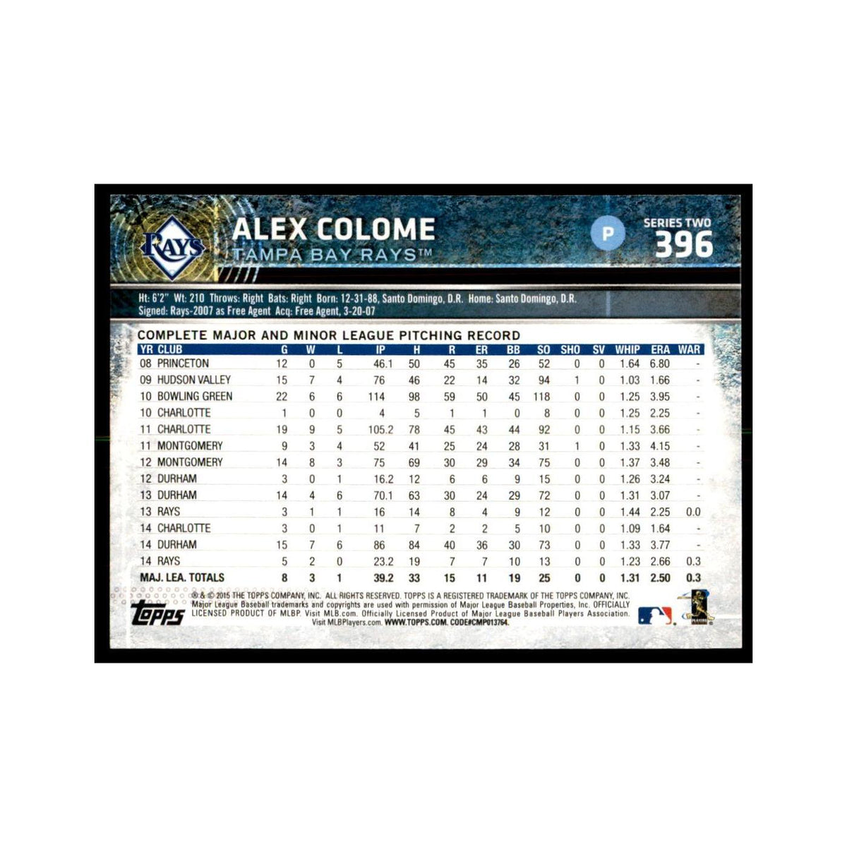 Alex Colome 2015 Topps #396 Baseball Cards Baseball Card NM