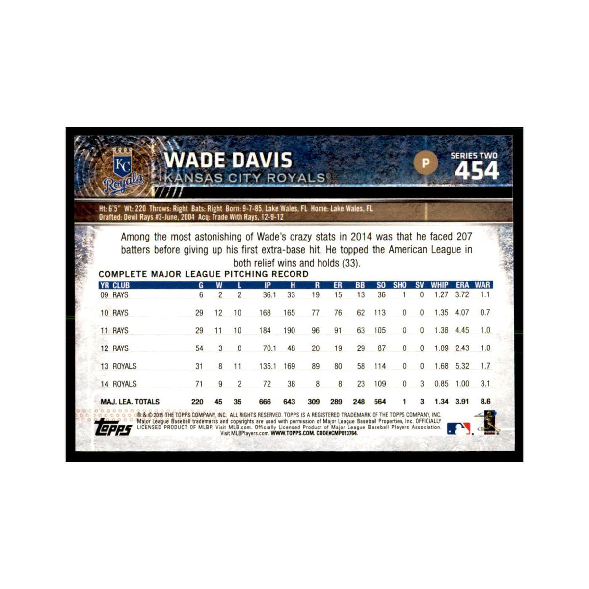 Wade Davis 2015 Topps #454 Baseball Cards Baseball Card NM