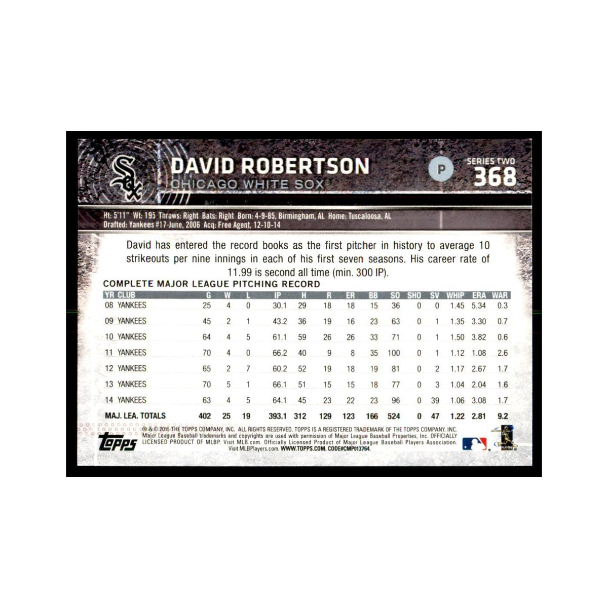 David Robertson 2015 Topps #368 Baseball Cards Baseball Card NM
