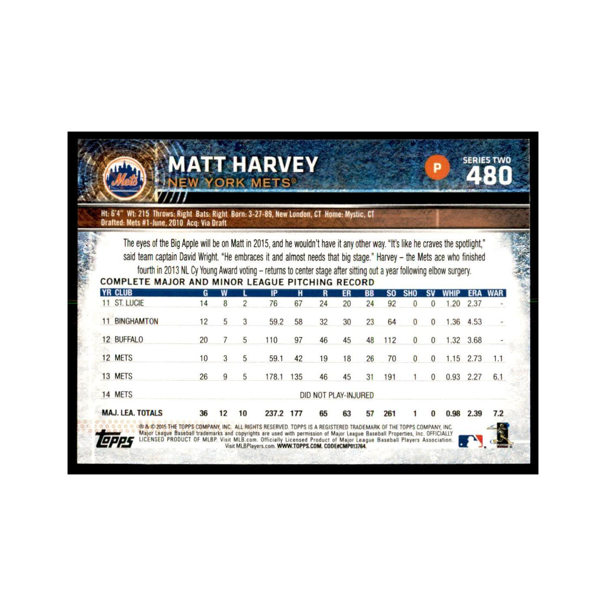 Matt Harvey 2015 Topps #480 Baseball Cards Baseball Card NM